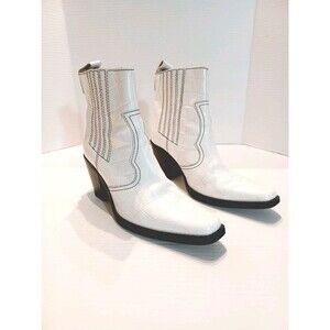 Ganni Crocodile Embossed White Leather Western Ankle Boots Women's Size 40/ US 9